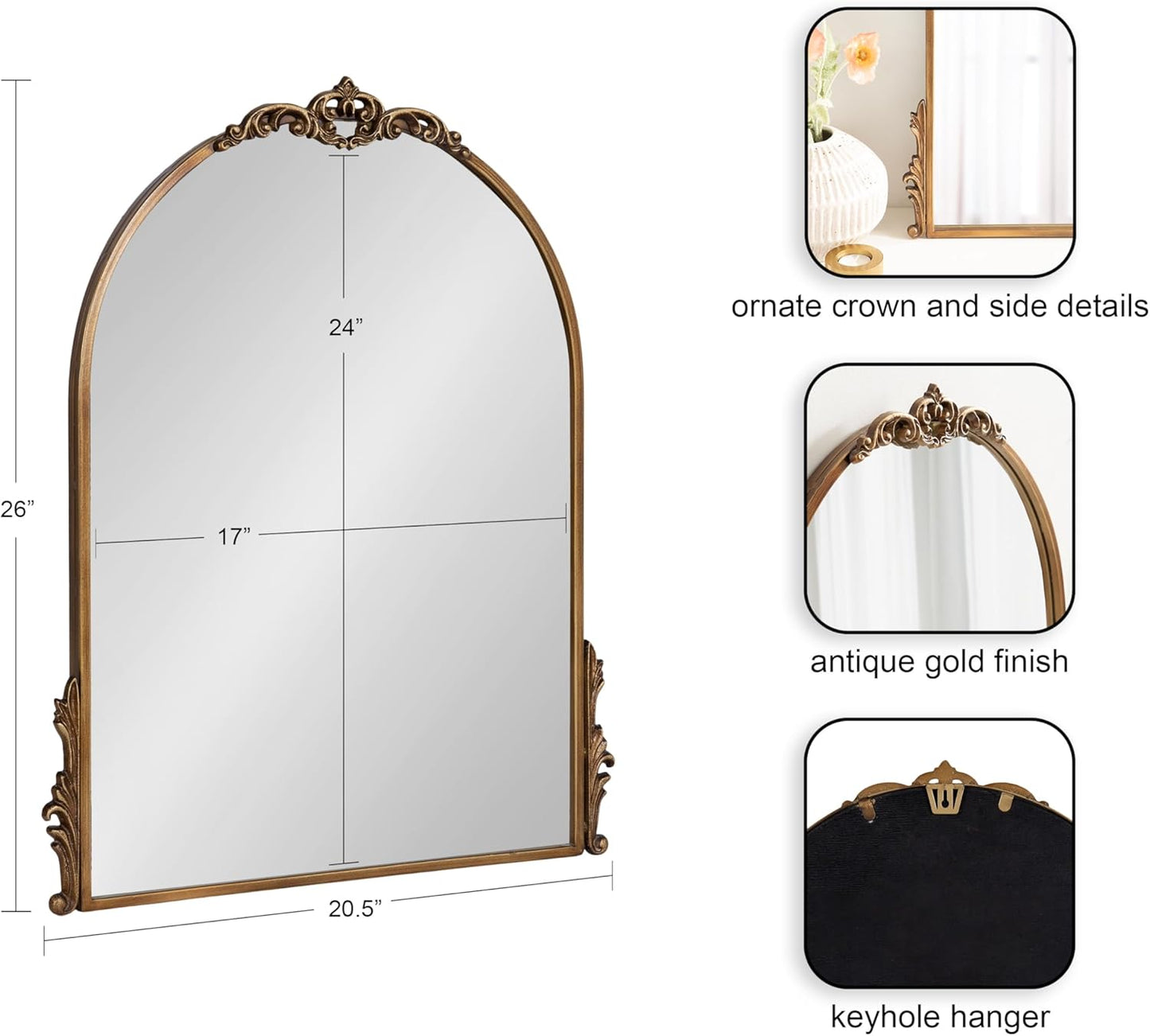 Kate and Laurel Myrcelle Traditional Arched Mirror; 21 x 26; Gold; Decorative Arch Mirror with Ornate Garland Detailing Along The Crown and Edges of The Frame