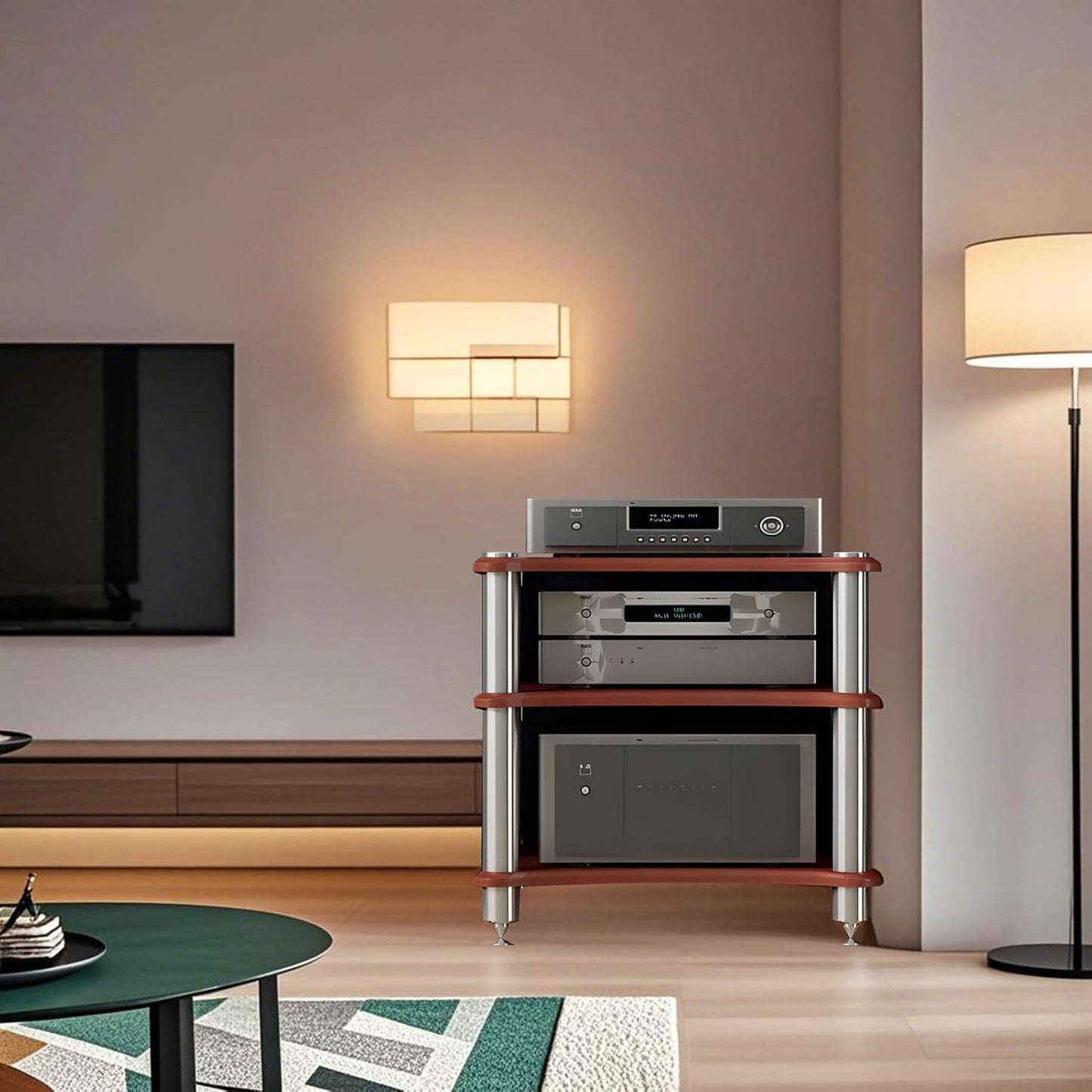 3-Tier AV Media Stand, Stereo Racks and Stands, Video Component Cabinet Audio Rack Tower for DVD Player Game Console TV Box WiFi Routert (Dark Wood, 3-Tier)