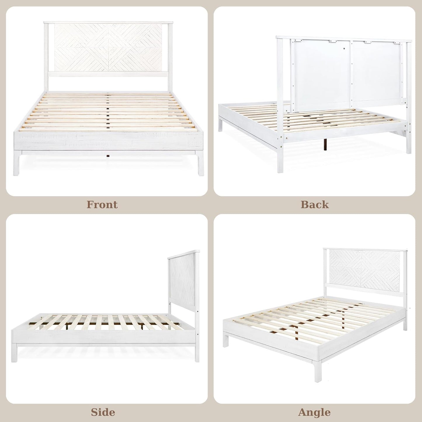 Bme Ethan Queen Bed Frame with Diamond Headboard, Mid-Century Modern, Solid Acacia Wood, No Box Spring Needed, Fits All Mattresses, Rustic White