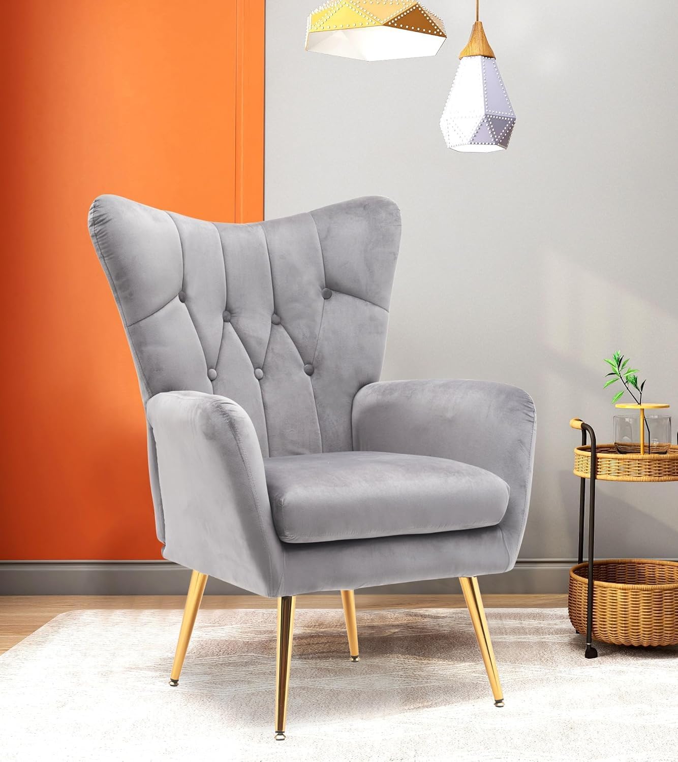 Container Furniture Direct Modern Chic Mid-Century Velvet Accent Armchair for Living Room, Bedroom, or Home Office, Button-Tufted Wingback Design with Gold Flared Legs, Grey
