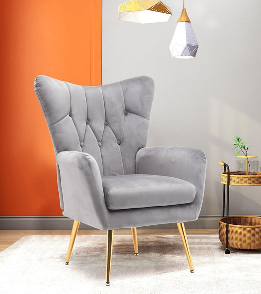Container Furniture Direct Modern Chic Mid-Century Velvet Accent Armchair for Living Room, Bedroom, or Home Office, Button-Tufted Wingback Design with Gold Flared Legs, Grey