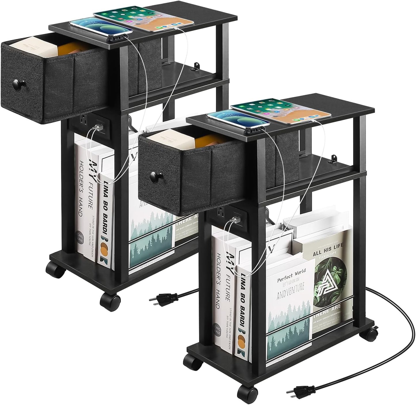 Side Table Set of 2,Side Table with Charging Station and Drawer, Narrow End Table with USB Ports and Outlets for Small Space, Living Room, Bedroom and Office, with 4 Wheels