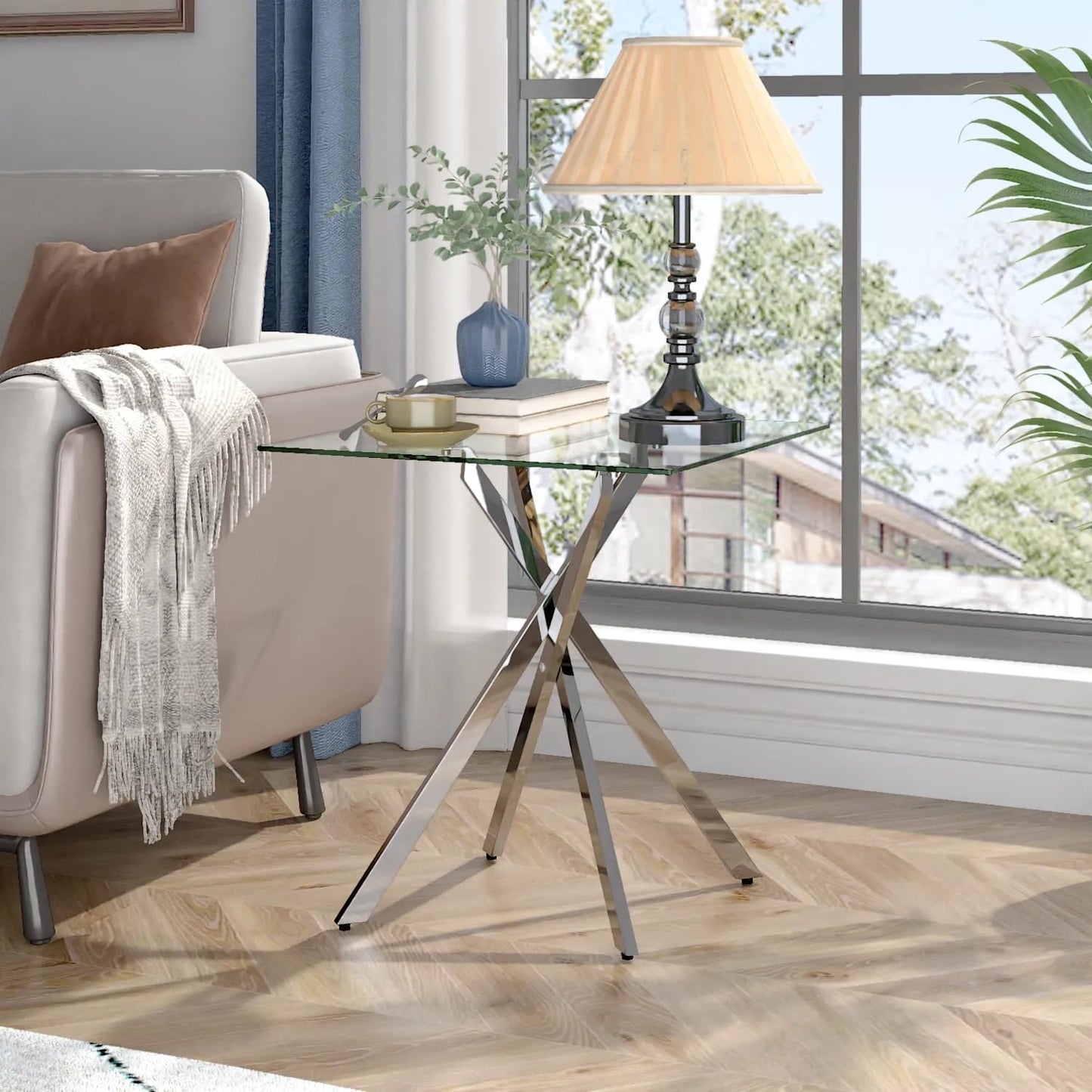 Side Table Set of 2, Modern End Table Set with Tempered Glass Top and Metal Legs for Home Office (Silver)