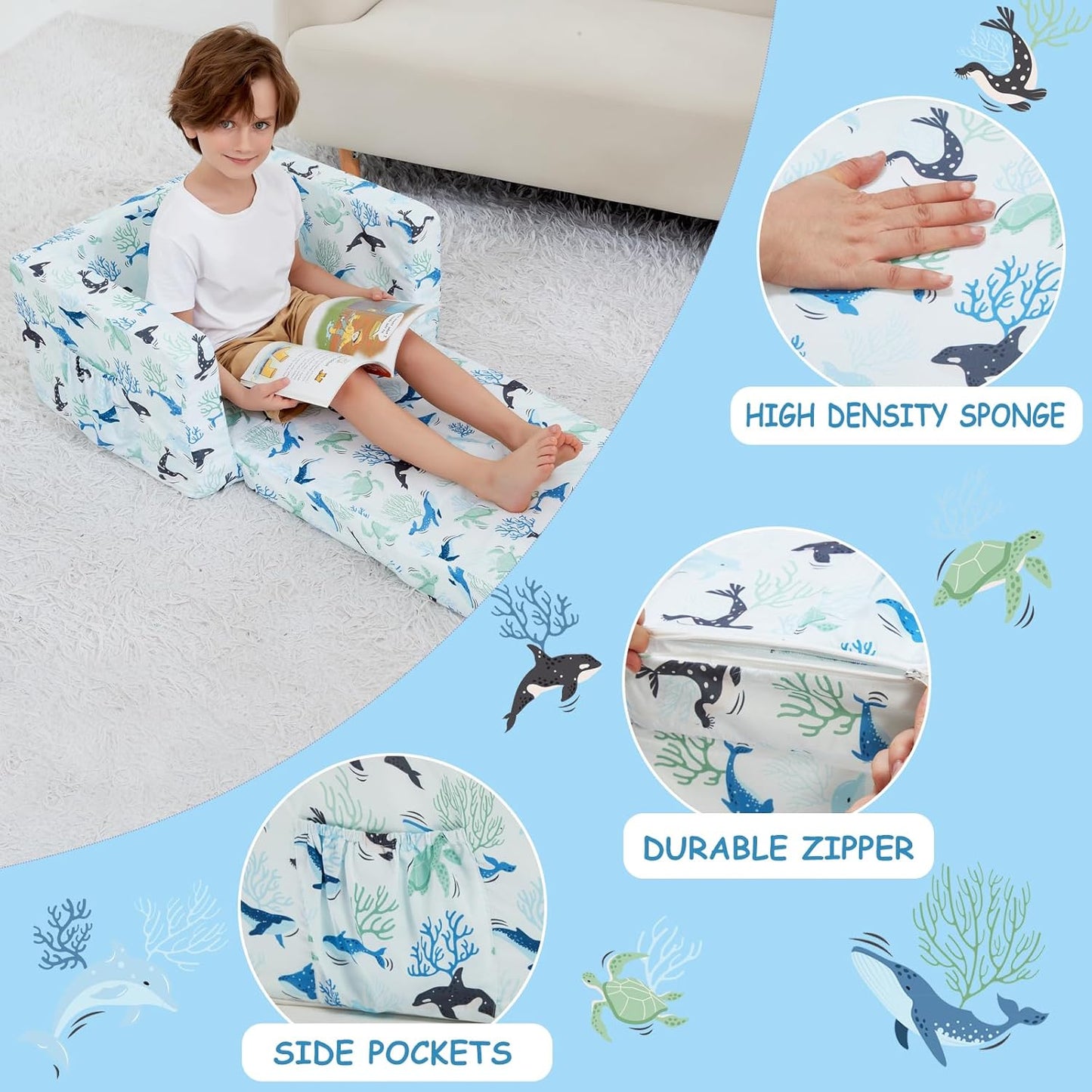 Viviland Kids Chairs for Toddler,2-in-1 Soft Toddler Couch Fold Out,Convertible Soft to Lounger Toddke Chair Comfy for Girls and Boys,Blue Whale