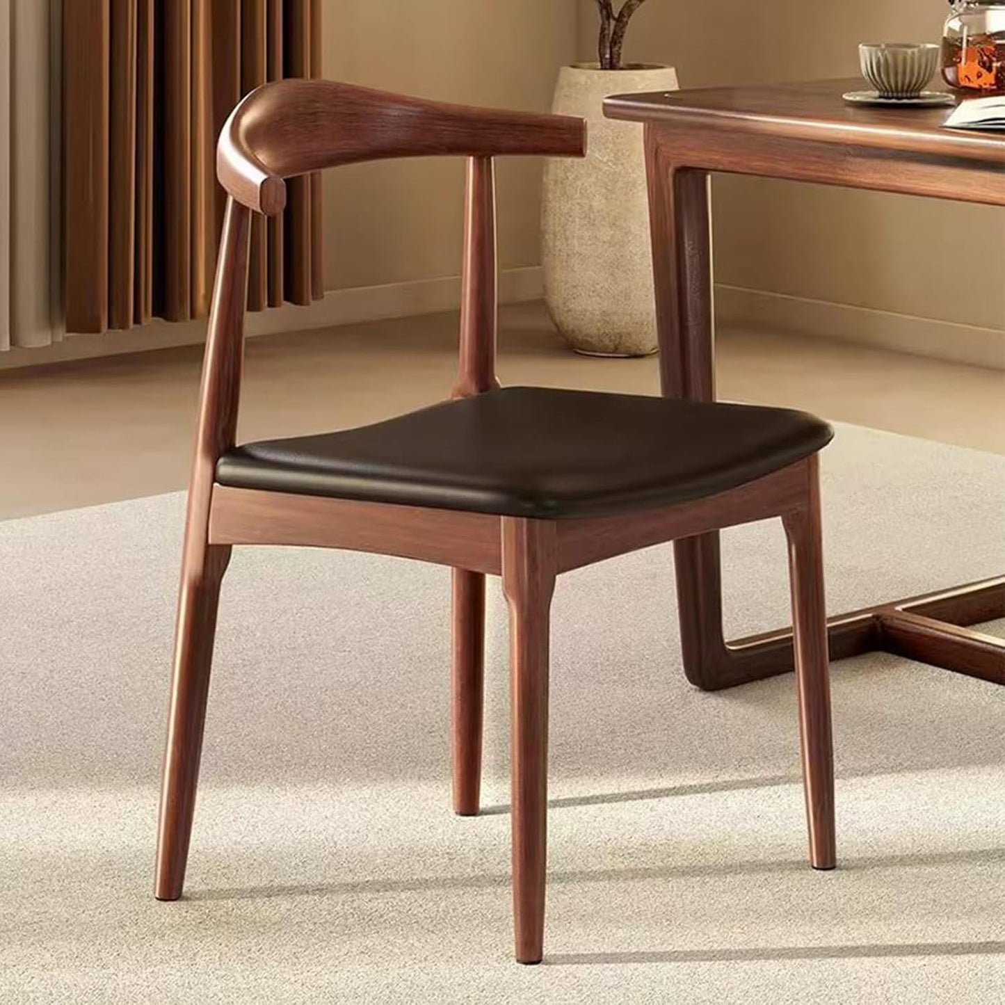Solid Wood Dining Chairs Set of 2, Mid Century Dining Chairs, Upholstered PU Leather Chairs with Wide Curved Backrest, Chairs for Dining Room, Kitchen, Walnut Finish