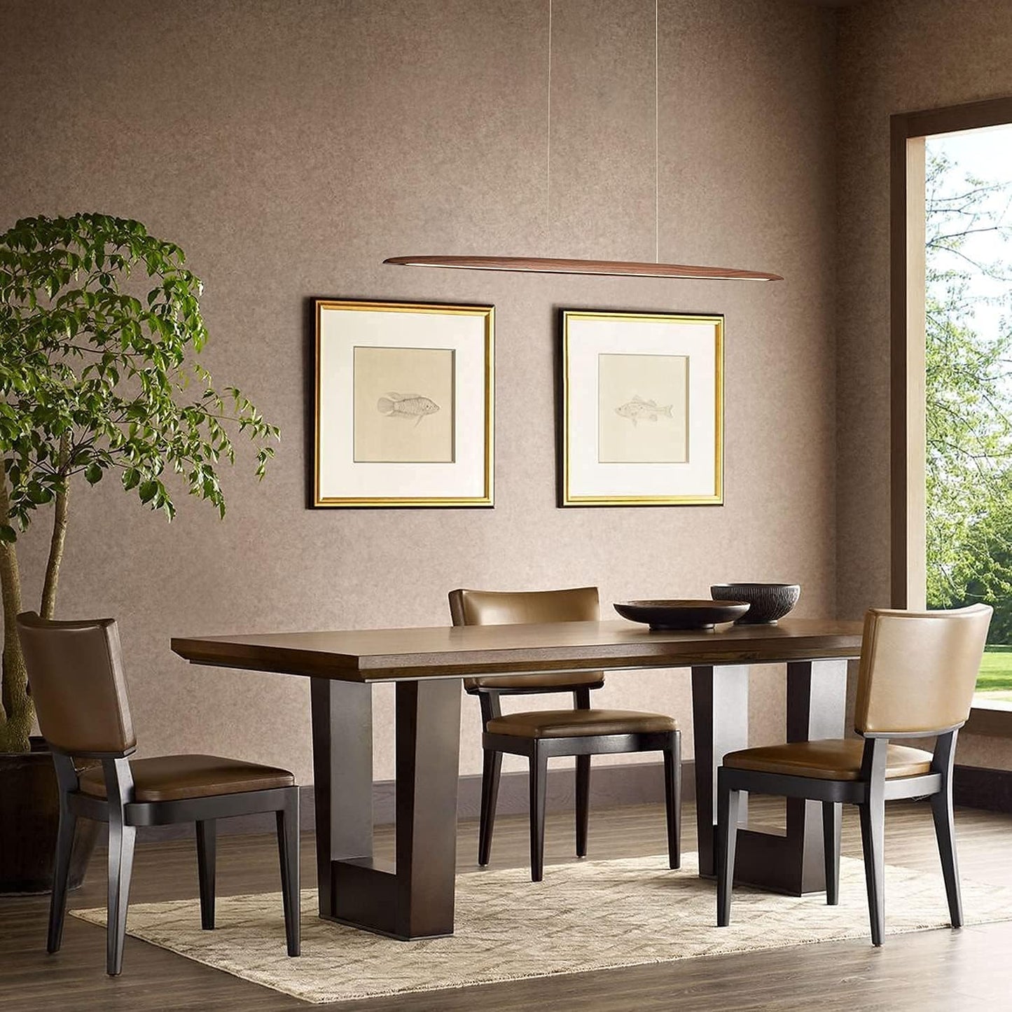 39" Wood Linear Pendant Light LED Dimmable Hanging Light Dinning Room Light Fixture Island Lights 24w for Dining Room Kitchen Island Bar Walnut Color