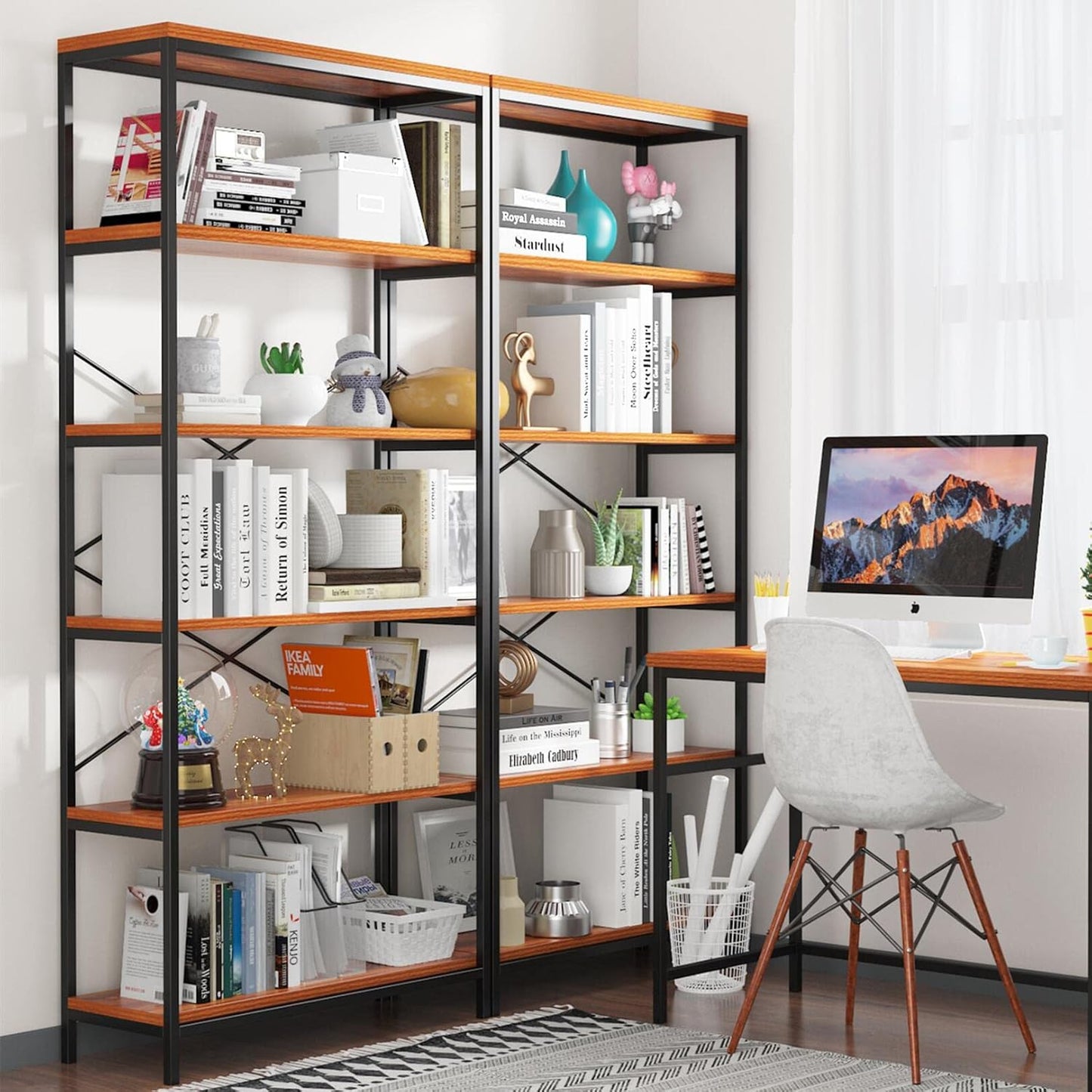 Himimi 6 Tier Industrial Bookshelf, Vintage Standing Storage Shelf, Display Shelving Units, Tall Bookcase, Industrial Metal Book Shelves for Living Room Bedroom and Home Office