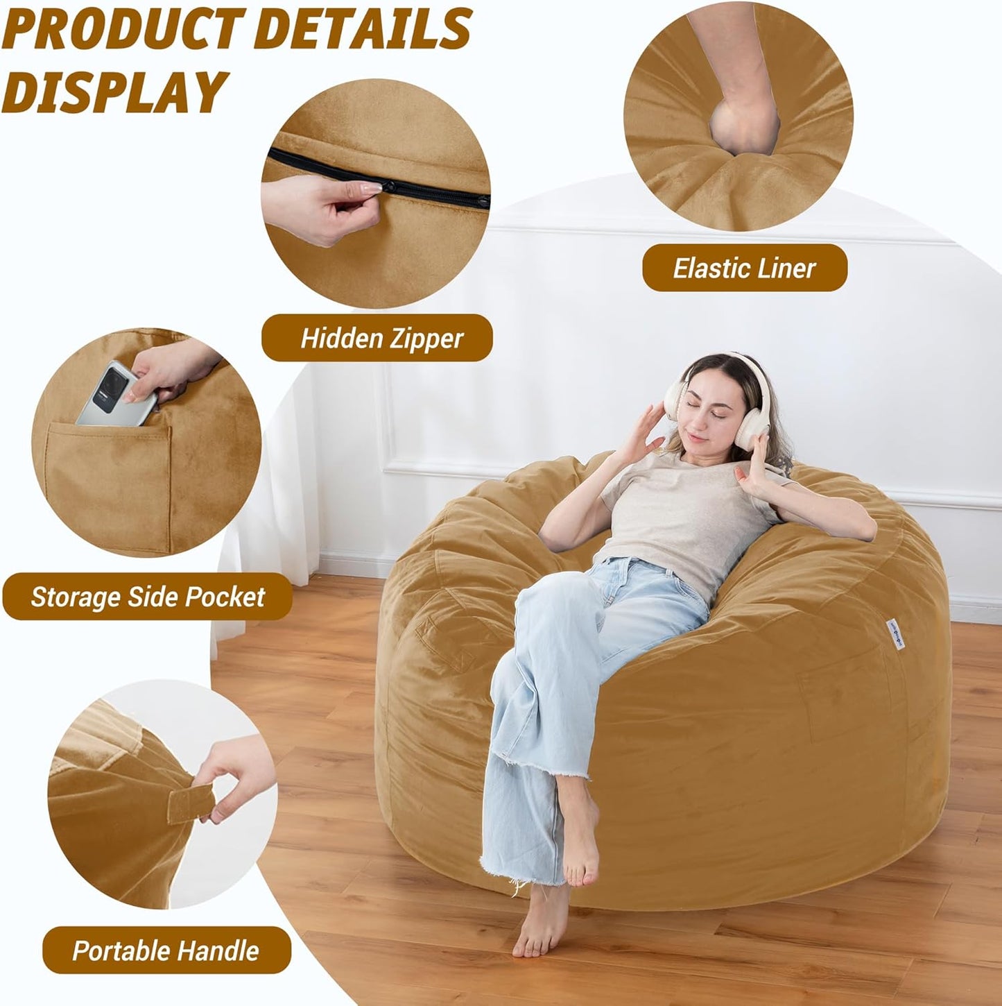 4FT Bean Bag Chair with Ultra Soft Velvet Cover Bean Bag Sofa with Memory Foam Bean Bag Chairs with Large Size Lazy Sofa for Dorm Office Living Room Bedroom Camel 4'