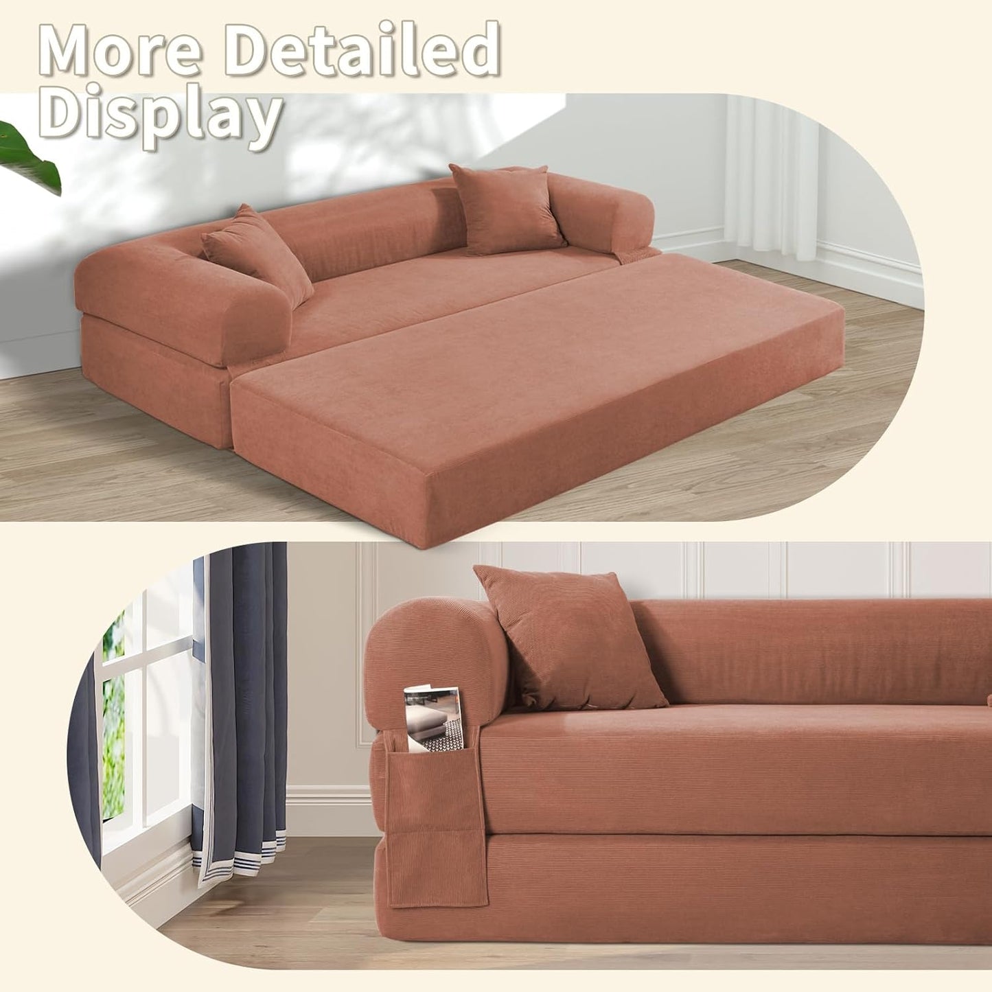 80" Convertible Sofa Bed, Corduroy Deep Seat Folding Pull Out Couch with Pillows, No Assembly Modern Boneless Couch Compression Sofa in Box, Floor Sofa with Storage Pocket for Living Room,Pink