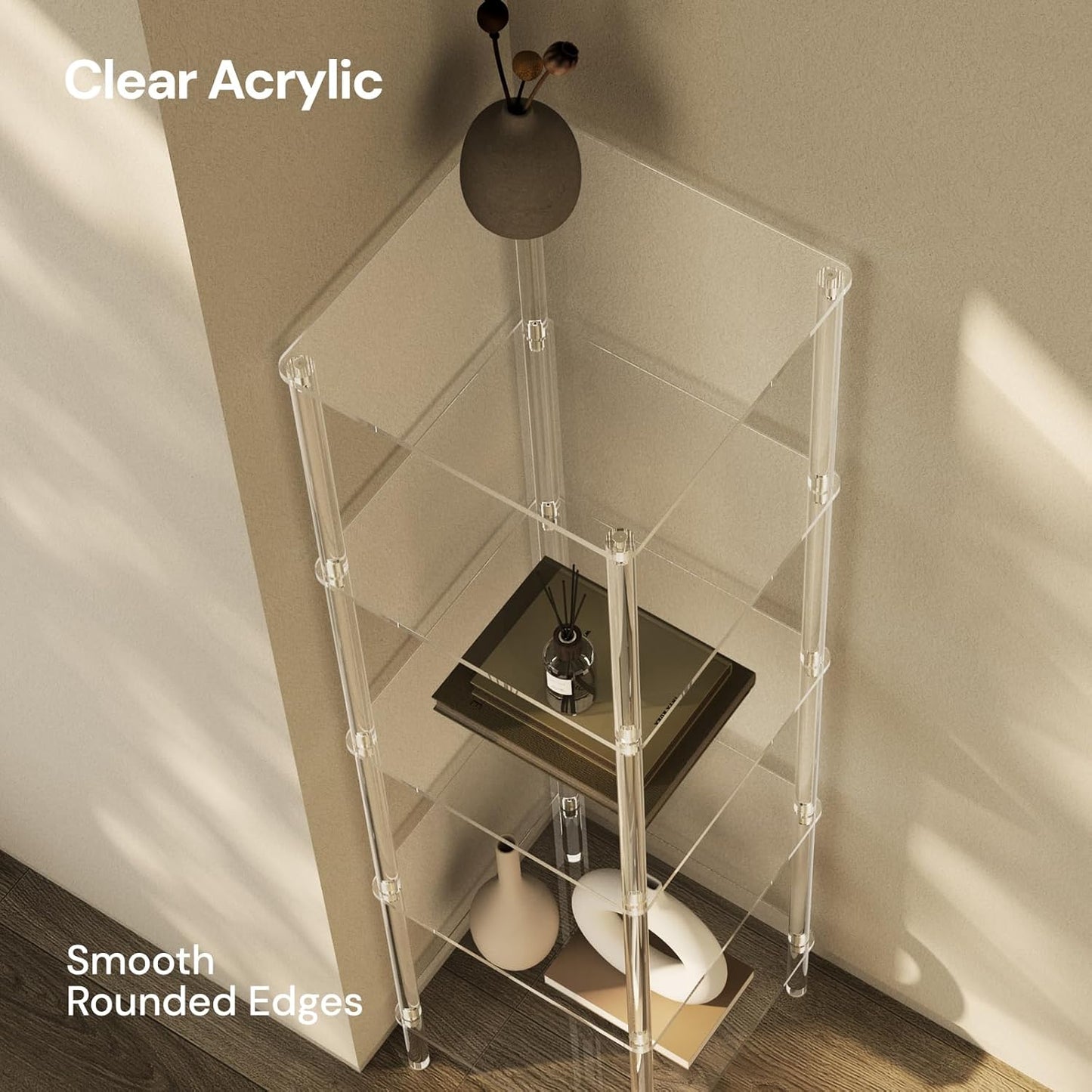 5 Tier Square Acrylic Bookshelf, Small Bookcase with Acrylic Fittings for Fixing to Wall, Corner Display Shelf for Living Room, Bedroom, Bathroom, Small Spaces, Clear, 11.6'' W x 44'' H