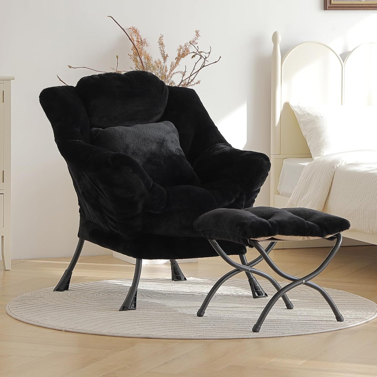 Lazy Chair with Ottoman, Reading Chair with a Pillow, Leisure Sofa Armchair with Ottoman, Large Accent Lounge Chair for Bedroom, Living Room, Dorm Room, Plush Black