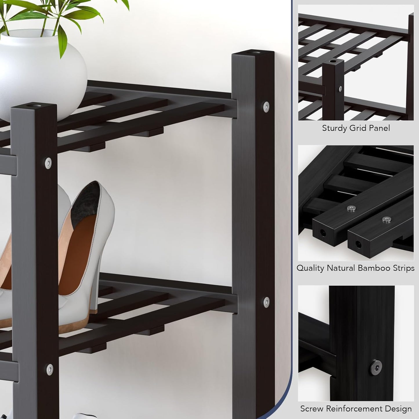 Haddockway small 3 Tier Bamboo Shoe Rack Storage Organizer, Multifunctional Free Standing Stackable Shoe Shelf with Grid Panel for Closet,Hallway,Entryway,Small Space 18"x11"x17"(Black, 3-Tier(Small))