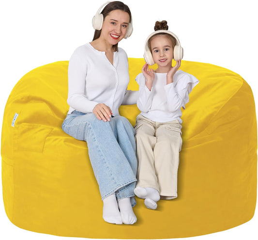 4FT Bean Bag Chair with Ultra Soft Velvet Cover Bean Bag Sofa with Memory Foam Bean Bag Chairs with Large Size Lazy Sofa for Dorm Office Living Room Bedroom Yellow 4'