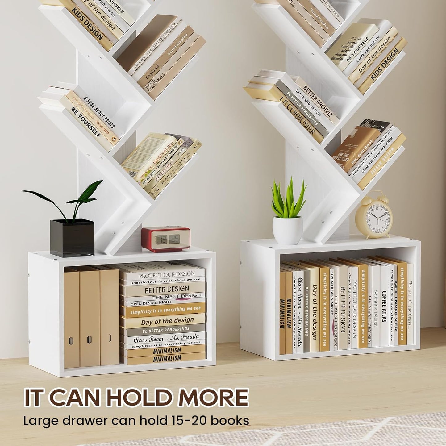 6 Tier Tree Bookshelf, Sturdy Retro Floor Standing Wood Bookcase, Storage Rack for Home Office, Living Room, Bedroom, Reading Spot, Heavy Book Organizer Shelves for CDs/DVDs/Movies, White