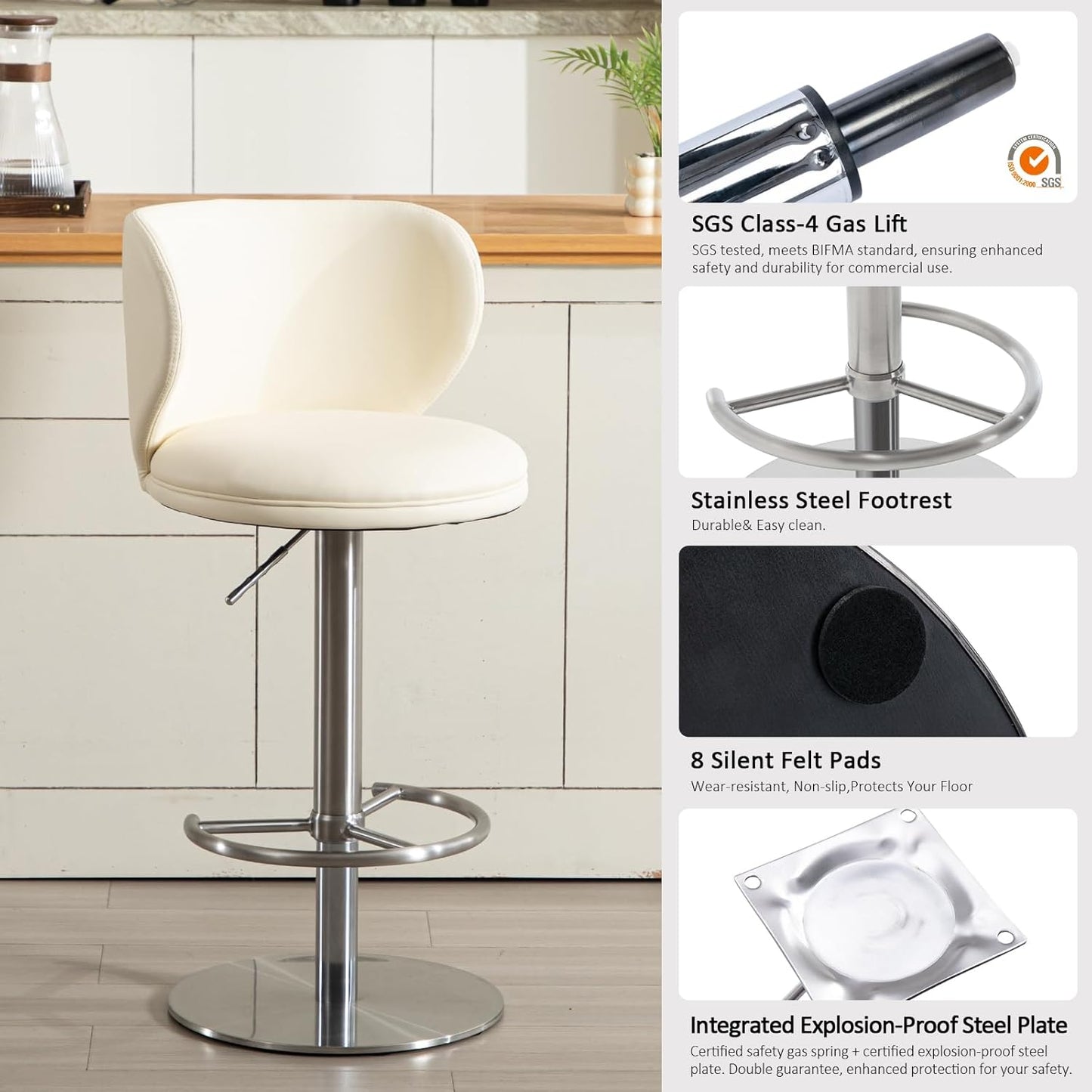 RAINMOOD Bar Stools, Adjustable Swivel Barstools with Back and Footrest, Faux Leather Upholstered, Stainless Steel Base, for Kitchen Counter, Bar, Dining Room