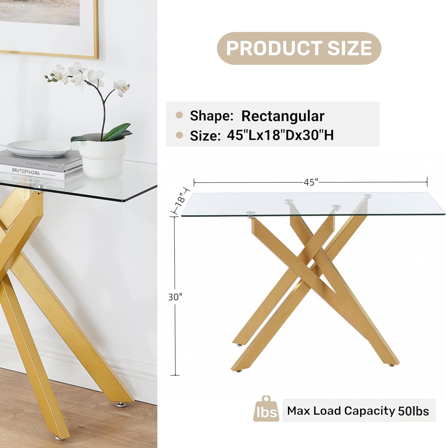 Modern Cross-Leg Console Table with 8mm Tempered Glass - Gold Geometric Entryway Table for Living Room & Bedroom, 45”Lx18”Wx30”H (Luxury Gold Finish)