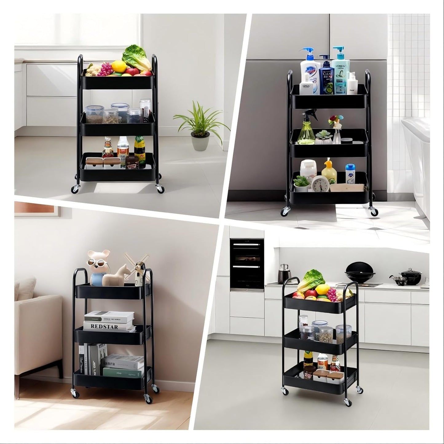 SETTFRFE 3 Tier Rolling Cart Metal,File and Art Cart with Wheels,Storage Shelf Organizer Cart for Bathroom,Office,Kitchen,Black