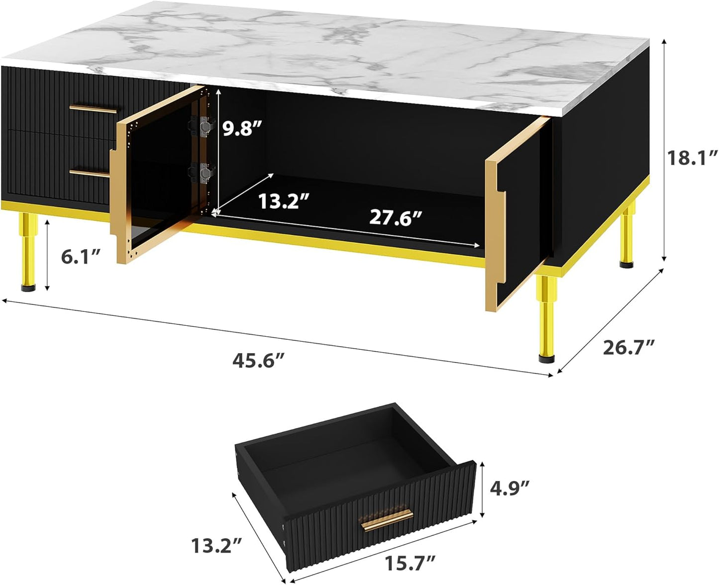 GAOMON Coffee Table for Living Room, Faux Marble Coffee Table with 4 Drawers and Glass Doors Storage, Modern Aesthetic Fluted Panel Design,Black & Gold