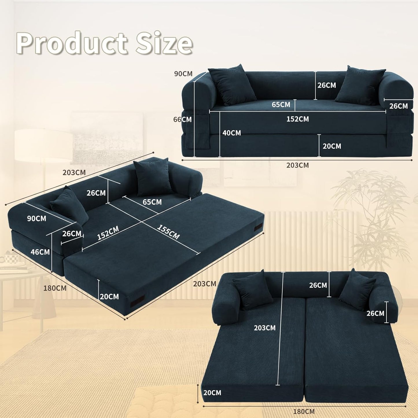 80" Convertible Sofa Bed, Corduroy Deep Seat Folding Pull Out Couch with Pillows, No Assembly Modern Boneless Couch Compression Sofa in Box, Floor Sofa with Storage Pocket for Living Room,Dark Blue