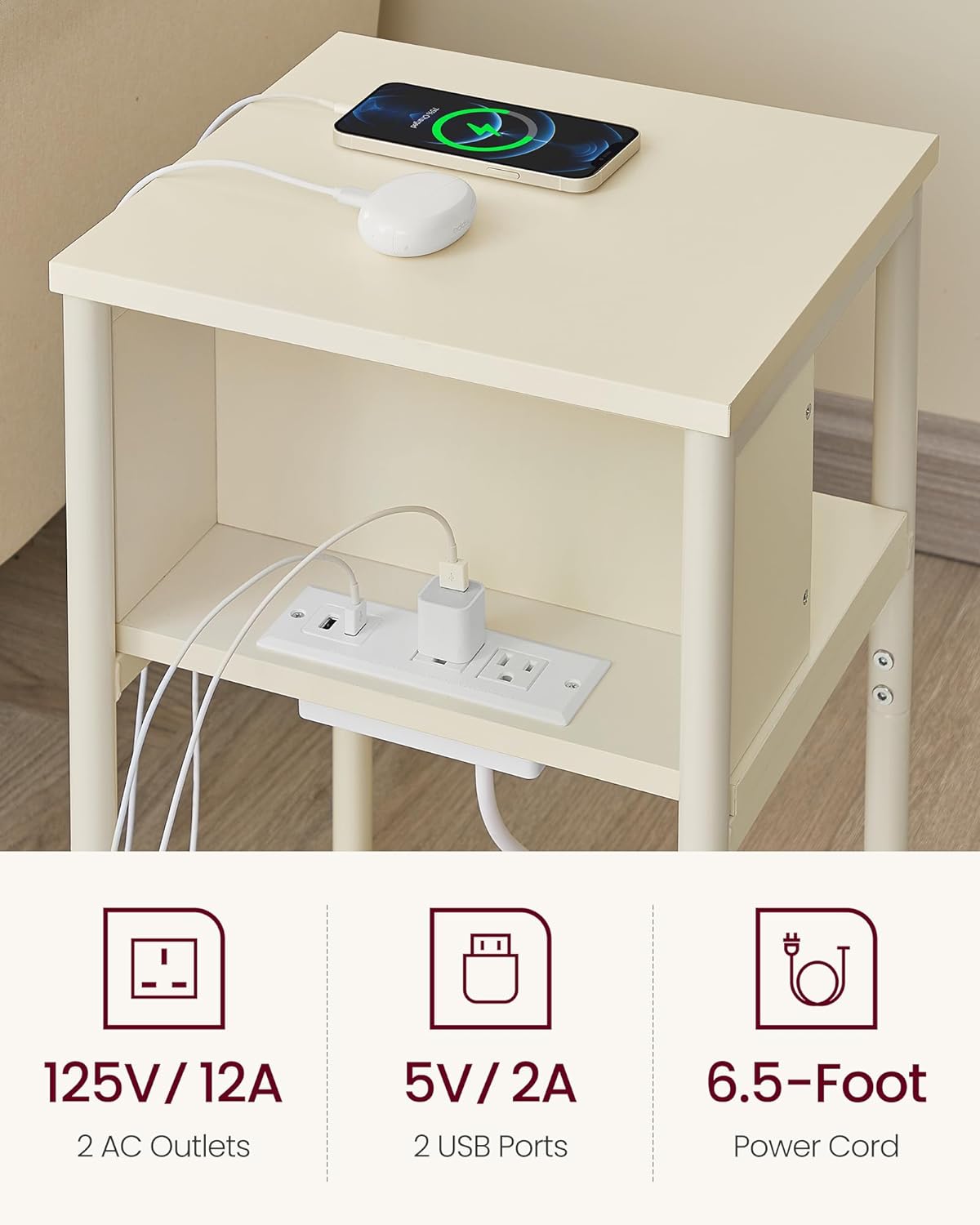 VASAGLE Side Table with Charging Station, 3-Tier End Table with USB Ports and Outlets, Nightstand for Living Room, Bedroom, 11.8 x 13.4 x 22.8 Inches, Plug-in Series, Cream White