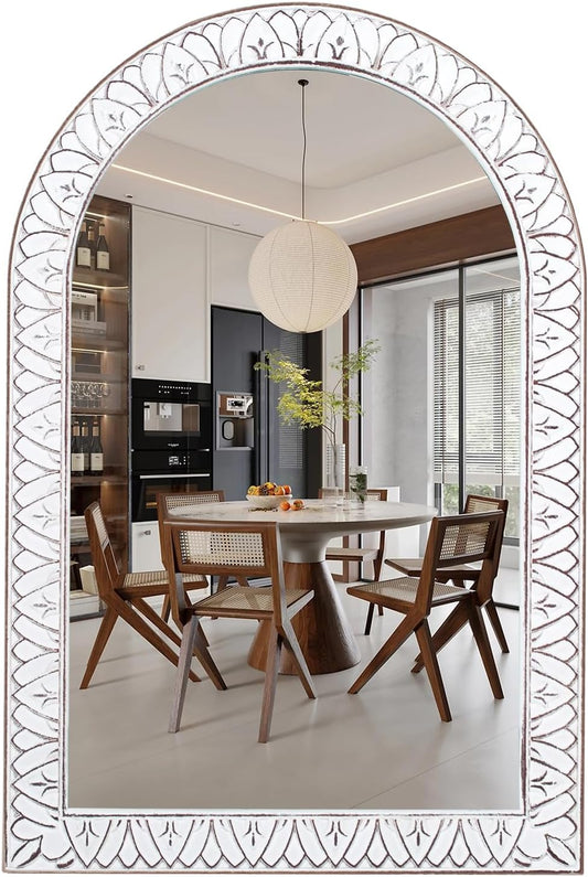 36x24 Inch Arched Wall Mirror with Wooden Frame, Rustic Farmhouse Decorative Arch Mirrors for Bathroom, Bedroom, Living Room, Entryway & Kitchen
