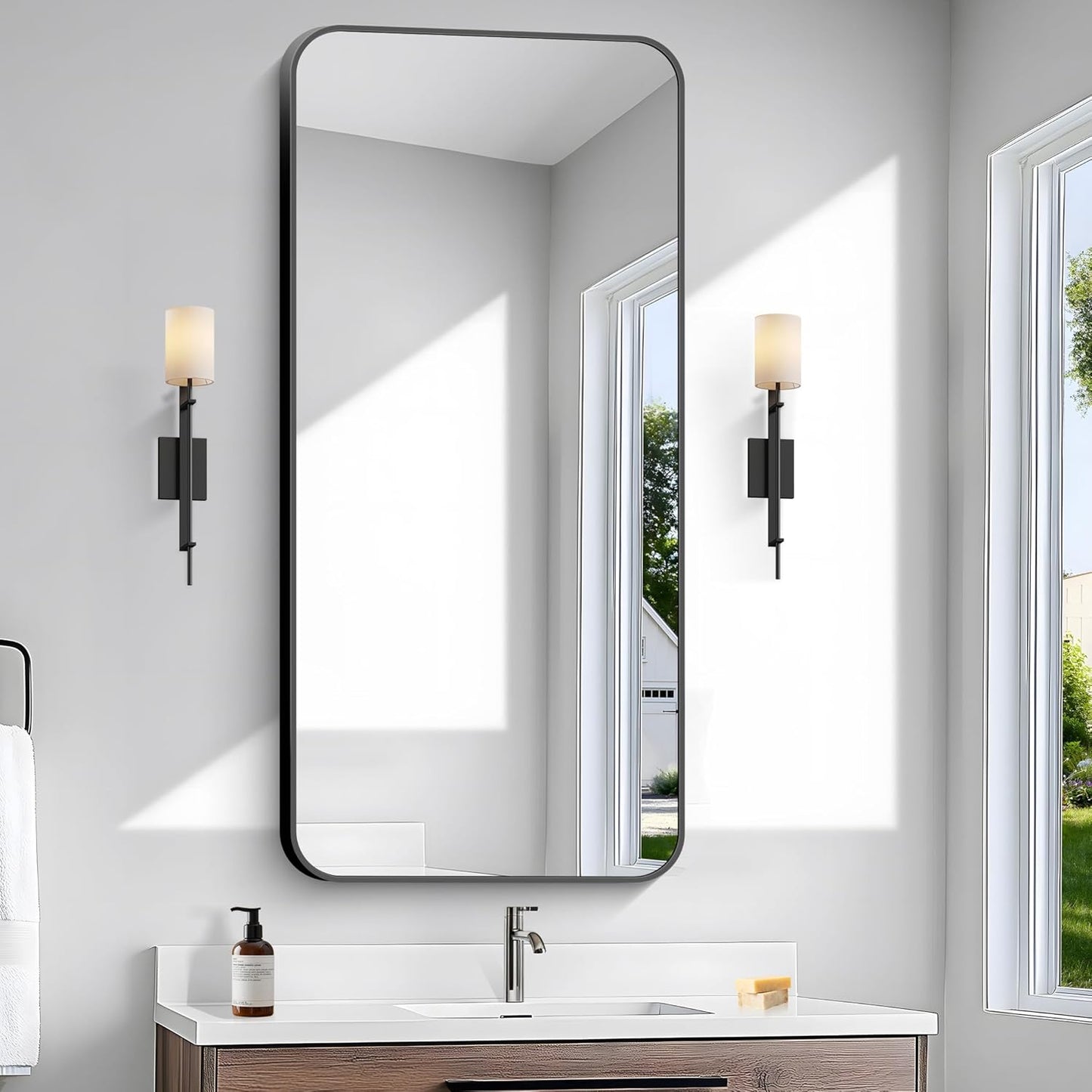 BONEWEI 24x48 inch Bathroom Mirror,Black Rectangle Mirror,Wall Mounted Bathroom Frame Vanity Mirror with Round Corner for Bedroom Living Room, Entryway Hangs Horizontal or Vertical