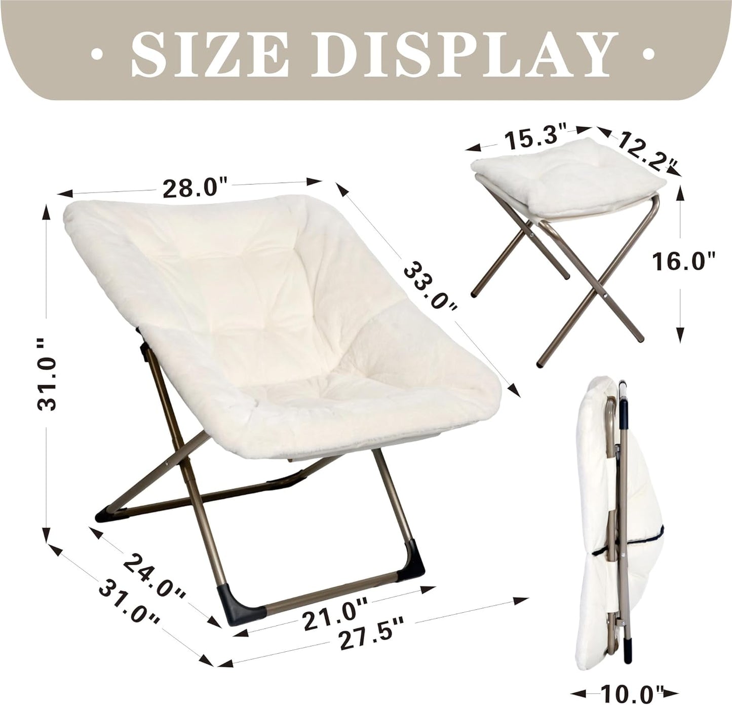 Kokel Plush Folding Chair and Ottoman Padded Metal Frame Living Room Chair (White-TM3)