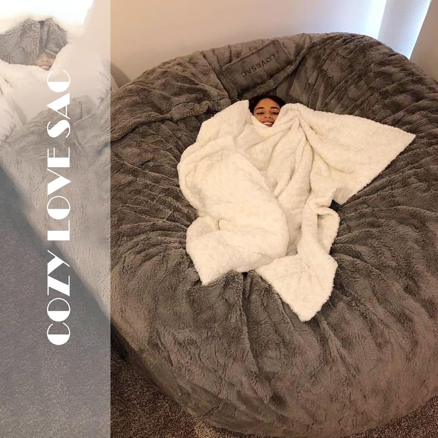 BCU 7FT Big Bean Bag for Adults Kids Without Filling Oversized Bean Bag Chair Cover for Stuffed Animal Storage, Khaki