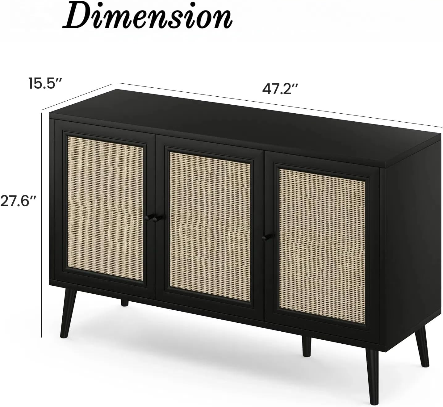 Rattan Entryway Table, Entertainment Center with Adjustable Shelf, Sideboard Buffet Cabinet with 3 Rattan Doors, Modern Console Cabinet with Large Storage for Living Room, Kitchen, Black