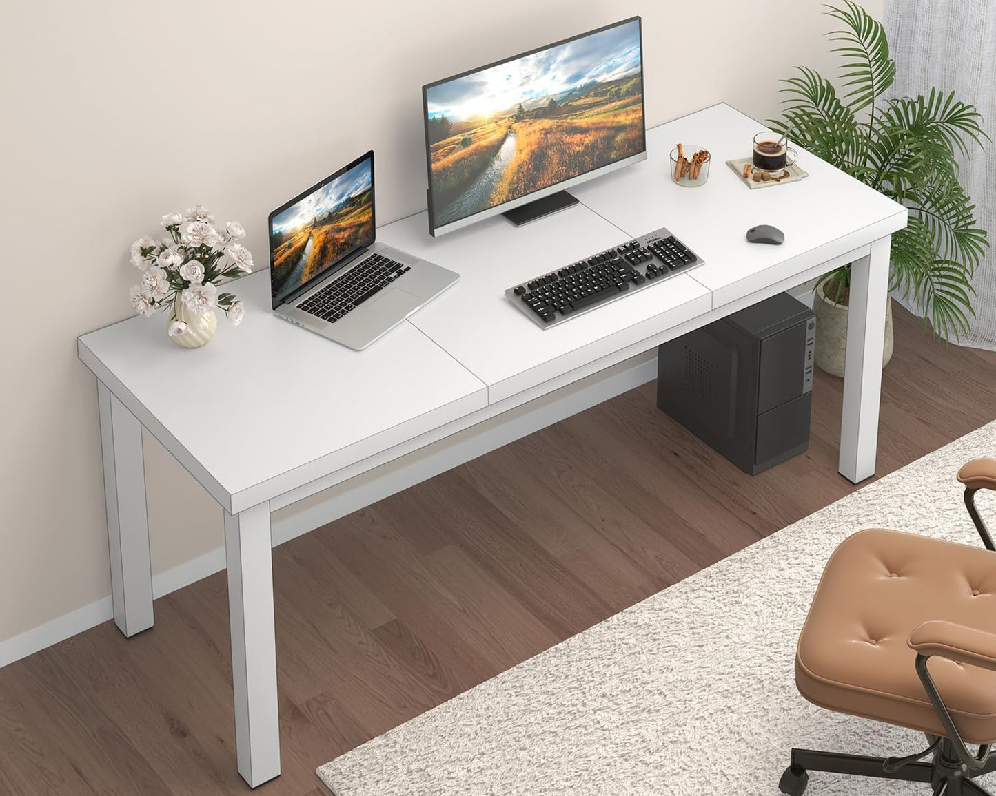 55.1 Inch Small Computer Desk, Home Office Desk, Modern Desk Table for 2 Person Kids Student Gaming Computer Desk, Simple Office Desk for Work,Craft,Writing,Studying, Etc., White