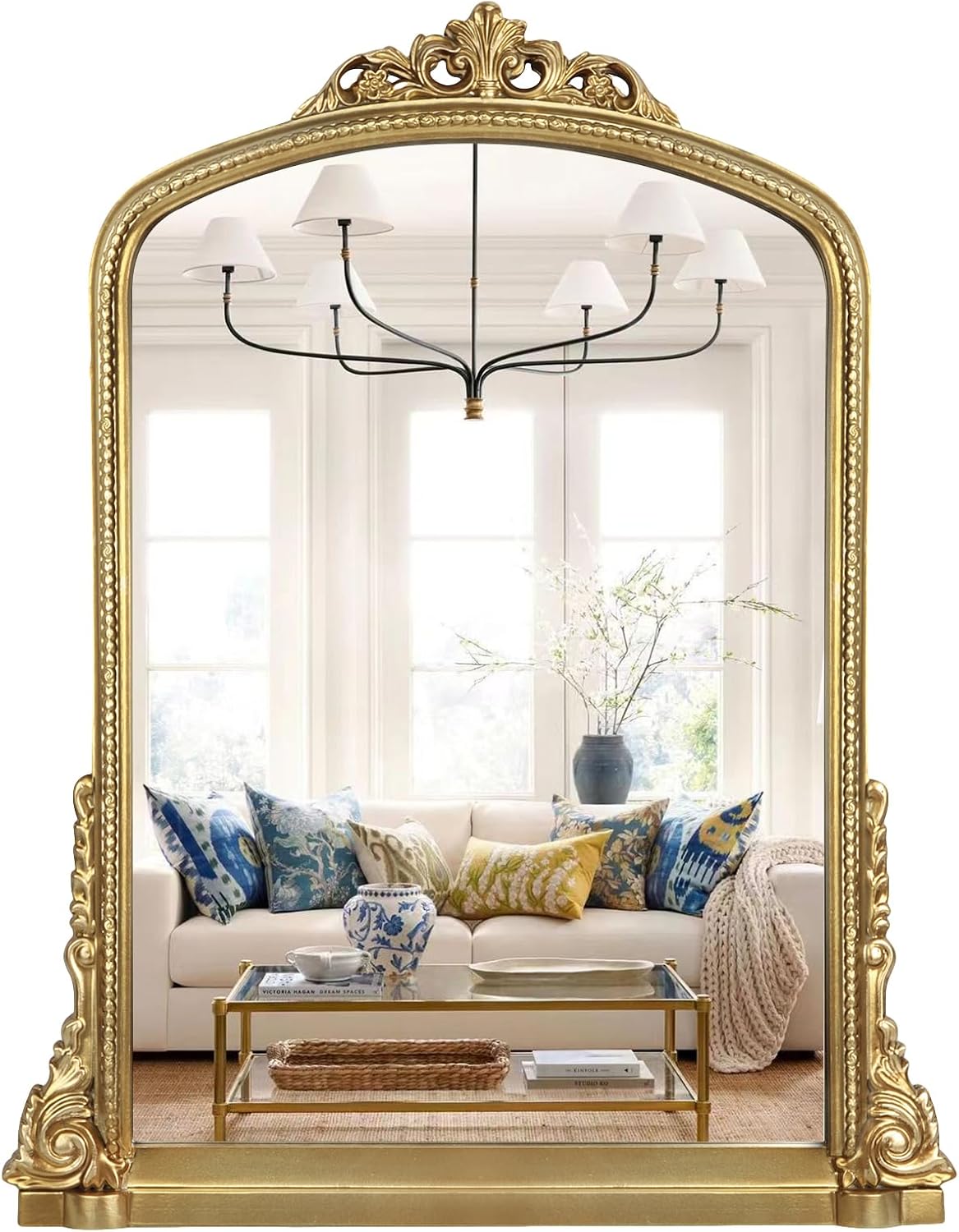 Traditional Ornate Arch Wall Mirror Vintage Fireplace Mirror Mantel Decor, Antique Gold, 36 inches x28 inches, Baroque Inspired Wall Mirror, 28 inches W x 36 inches L, 21004-GD