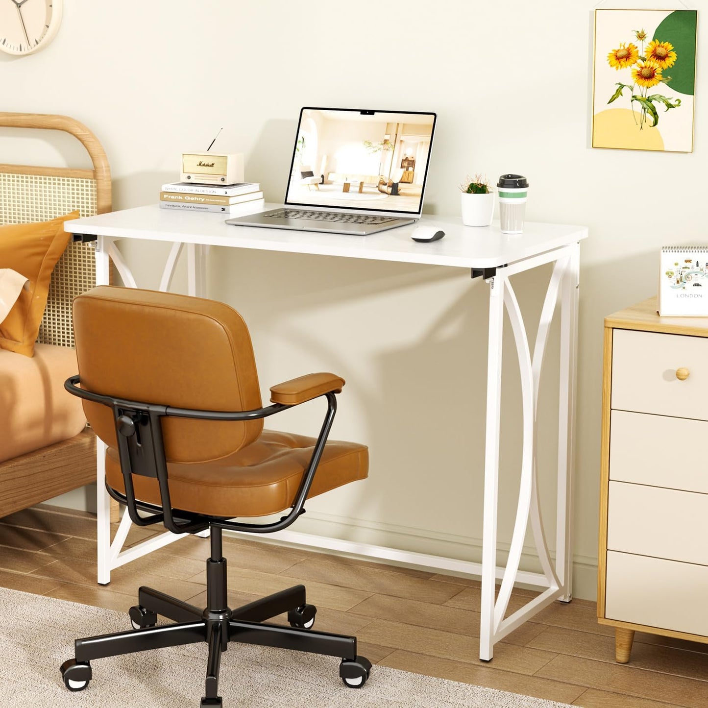Foldable Desk, 31.5" Small Desk for Bedroom, Space Saving Folding Computer Desk for Home Office, Easy Assembly, White
