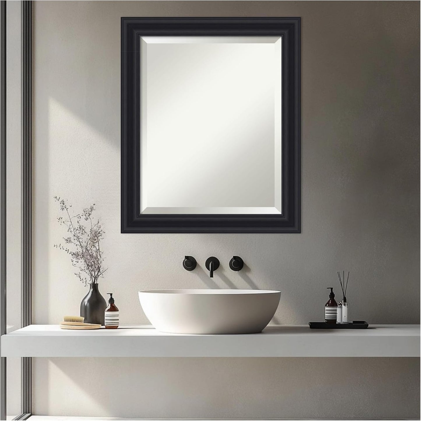 Amanti Art Black Bathroom Mirror for Over Sink, 24x20 Dalat Black Rectangle Vanity Mirror, Small Traditional Frame, Hangs Horizonally and Vertically, Bathroom Wall Decor, Beveled Edge