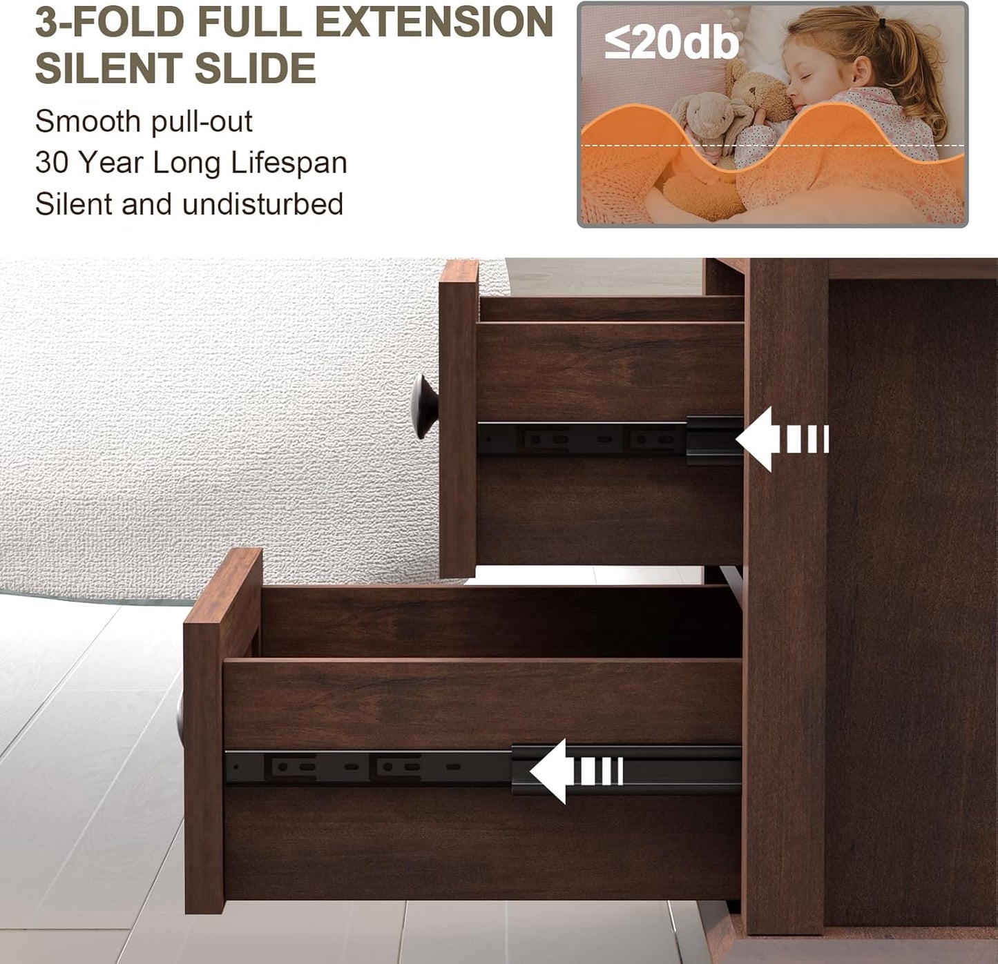 24" Tall End Table with Charging Station, Double 18W Fast Charge End Table, Large 18” Bedside Table with Drawers,Rustic Wood Storage Cabinet with Open Shelf for Bedroom,Cherry