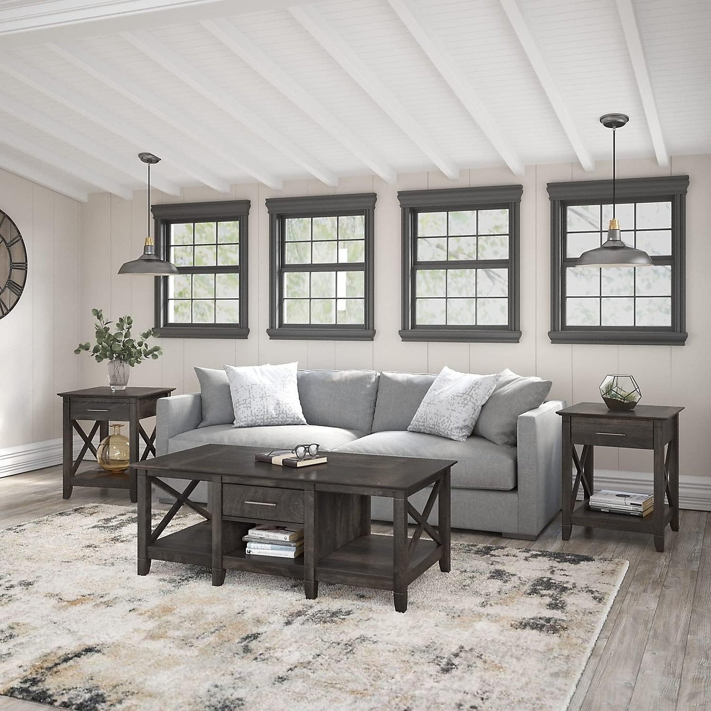 Bush Furniture Key West Coffee Table with Set of 2 End Tables in Dark Gray Hickory