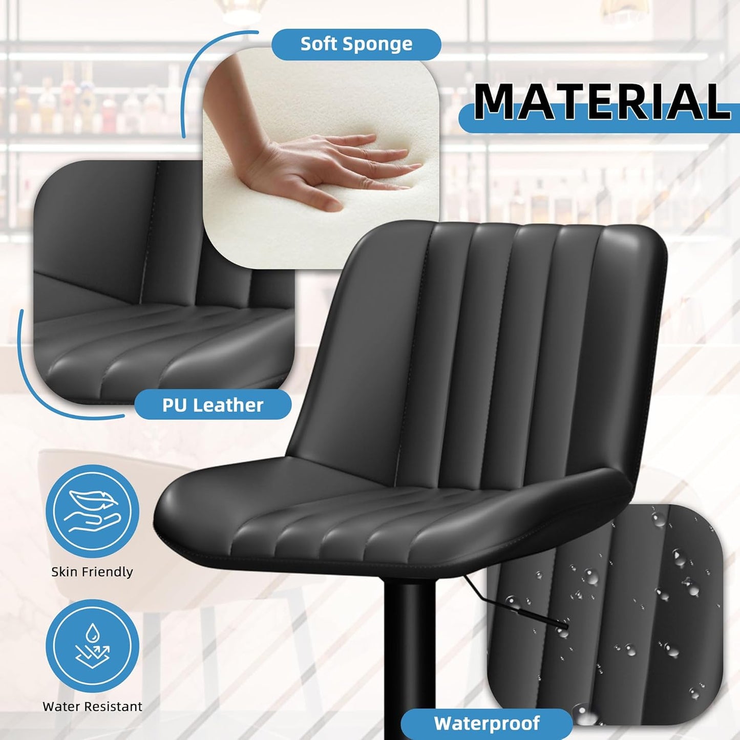 Shintenchi Swivel Bar Stools Set of 2, Adjustable Faux Leather Upholstered Swivel Counter Stools, Armless Bar Height Island Chairs with Back and Footrest, Black