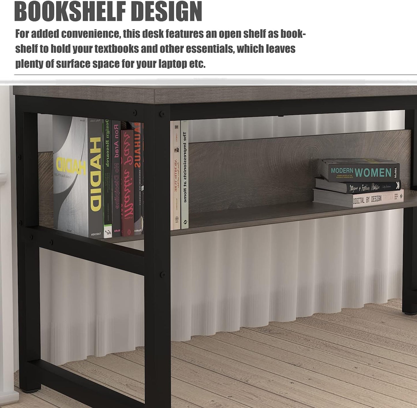 TOPSKY Computer Desk with Bookshelf/Metal Hole Cable Cover 1.18" Thick Desk (55", Espresso Gray)