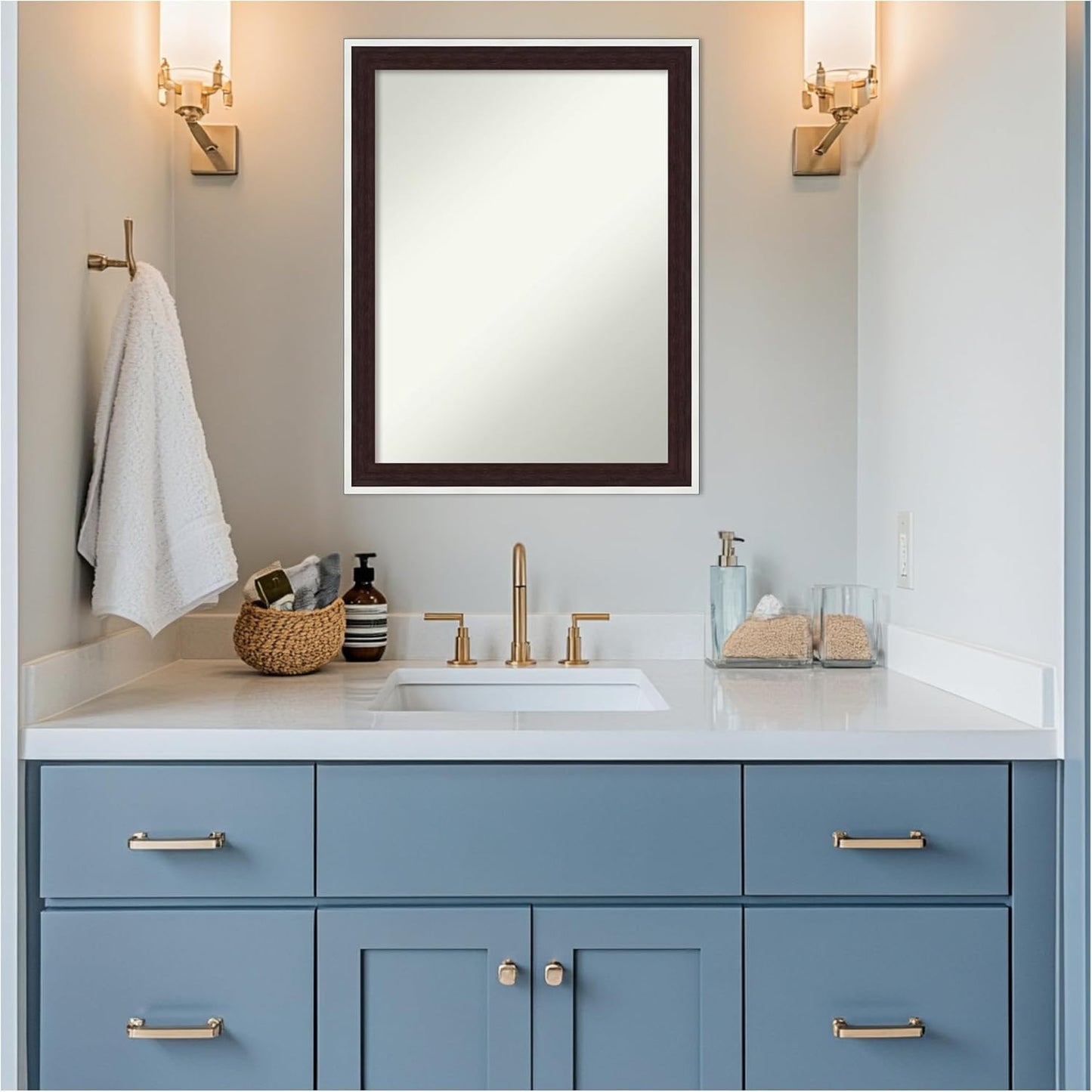 Amanti Art Bathroom Mirror for Over Sink, 27x21 Maya Espresso Silver Rectangle Vanity Mirror, Medium Modern Contemporary Frame, Hangs Horizonally and Vertically, Bathroom Wall Decor, Non-Beveled Edge