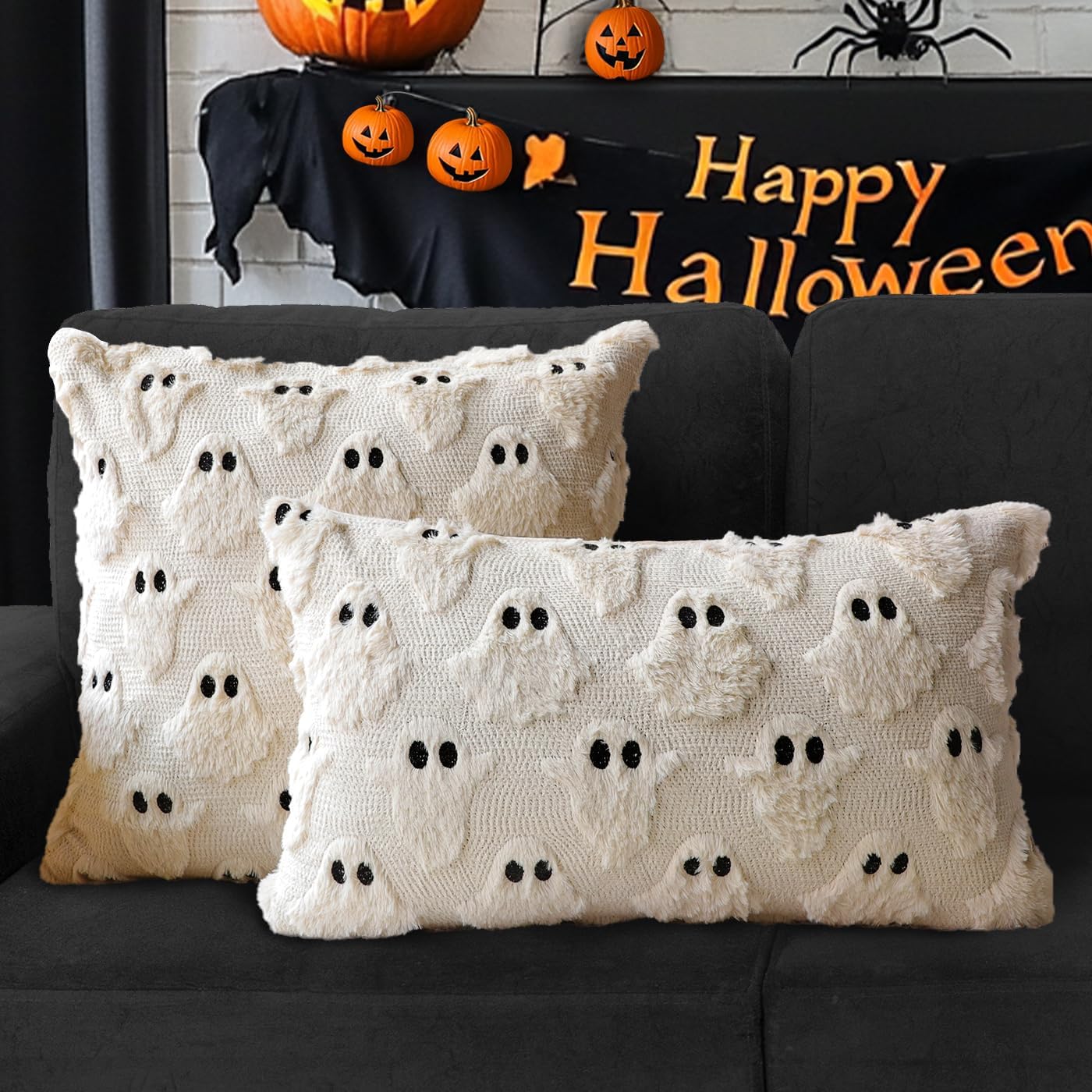 4TH Emotion Halloween Ghost Decorative Pillow Covers 20x20 Set of 2, Beige Soft Plush Faux Fur Farmhouse Throw Cushion Cases for Fall Autumn Holiday Home Decorations