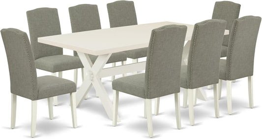 East West Furniture X027EN206-9 9 Piece Dining Table Set Includes a Rectangle Dining Room Table with X-Legs and 8 Dark Shitake Linen Fabric Upholstered Chairs, 40x72 Inch, Multi-Color