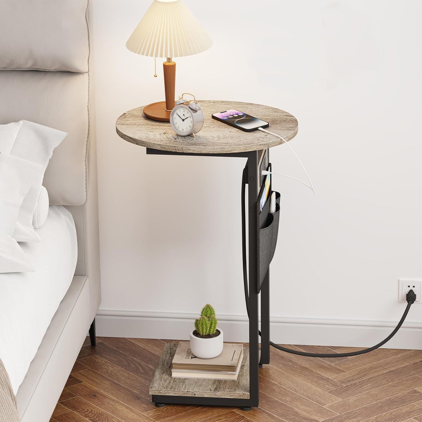 Vagusicc C Shaped End Table with Charging Station, Small Side Table for Couch, Slide Under Sofa Table for Living Room Bedroom, Round Couch Side Table, C Table for Couch Snack Table TV Tray, Greige