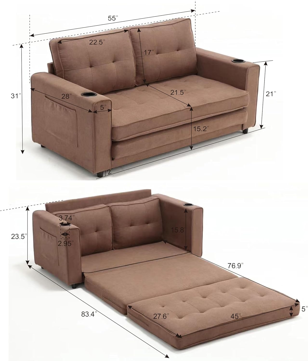 ERYE 3 Fold Tufted Upholstered Futon Sofa Bed Modern Convertible Foldable Floor Loveseat Sofabed with Pull Out Sleeper Couch Daybed W/Cupholders and Pockets for Living Room