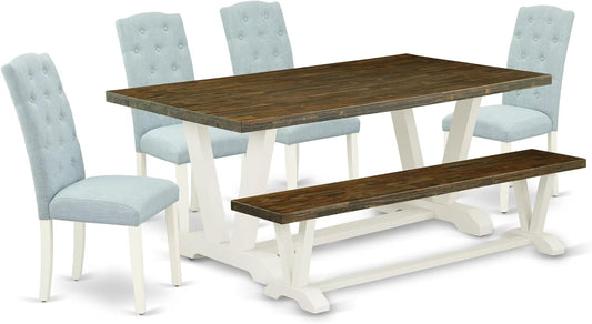 East West Furniture V077CE215-6 6 Piece Modern Dining Table Set Contains a Rectangle Wooden Table and 4 Baby Blue Linen Fabric Upholstered Chairs with a Bench, 40x72 Inch, Multi-Color