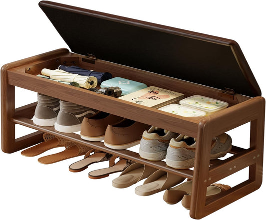 Shoe Rack Bench with Cushion, 2 Tiers Shoe Bench with Flip-Top Storage,Wood Shoe Rack for Entryway,Hallway（Walnut,31.5"）