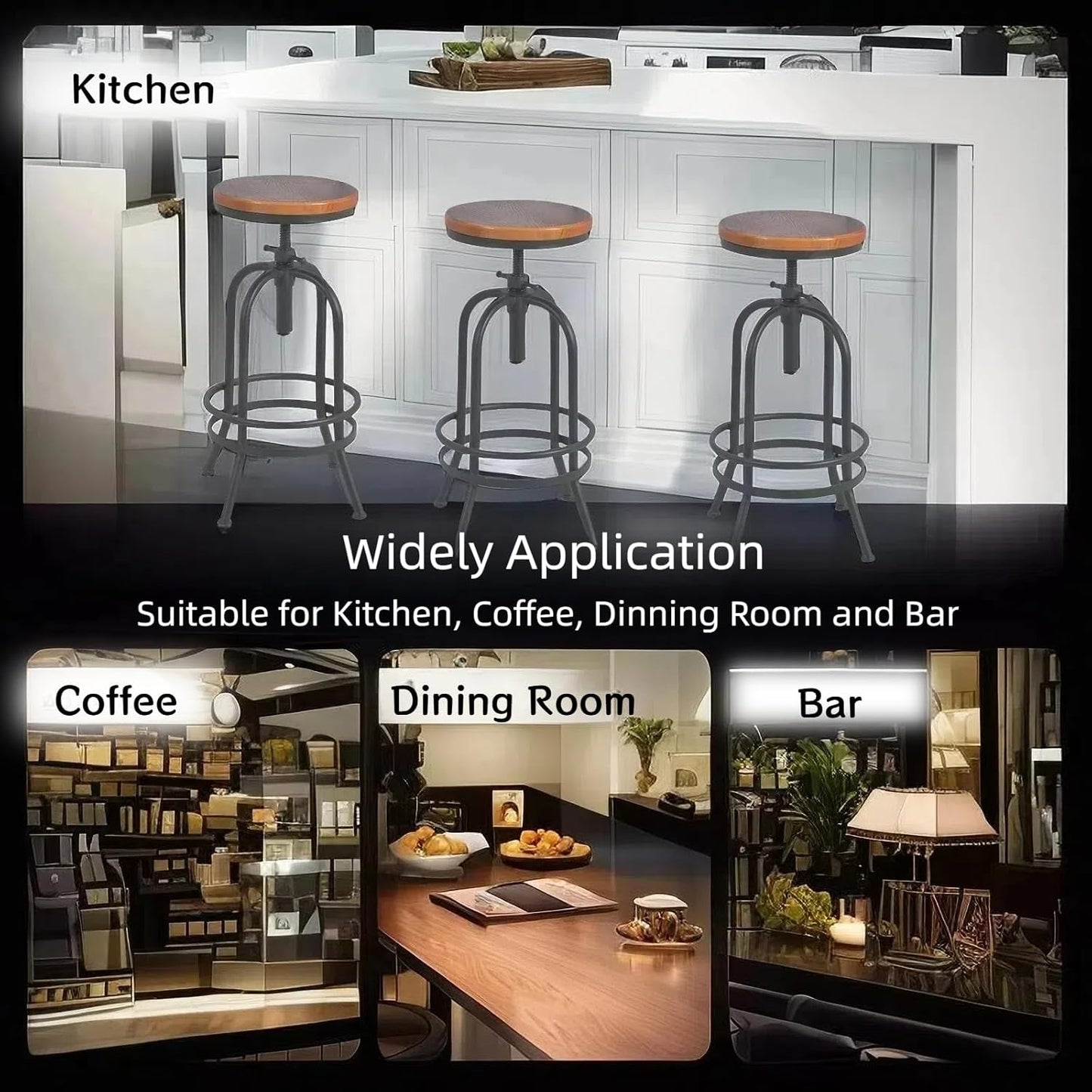 Set of 2-Industrial Bar Stool-Retro 26-32.3inch Swivel Stools-Extra Tall Kitchen Chair-Bar Counter Height Adjustable-Fully Welded (Black 2PCS)