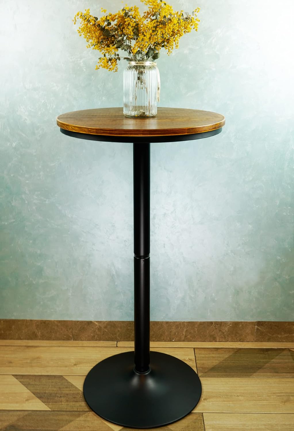 Round Bar Height Bistro Pub Table - Natural Wood Top, Heavy Metal Frame, 21.7 Inch Top, 40.5 Inch Height