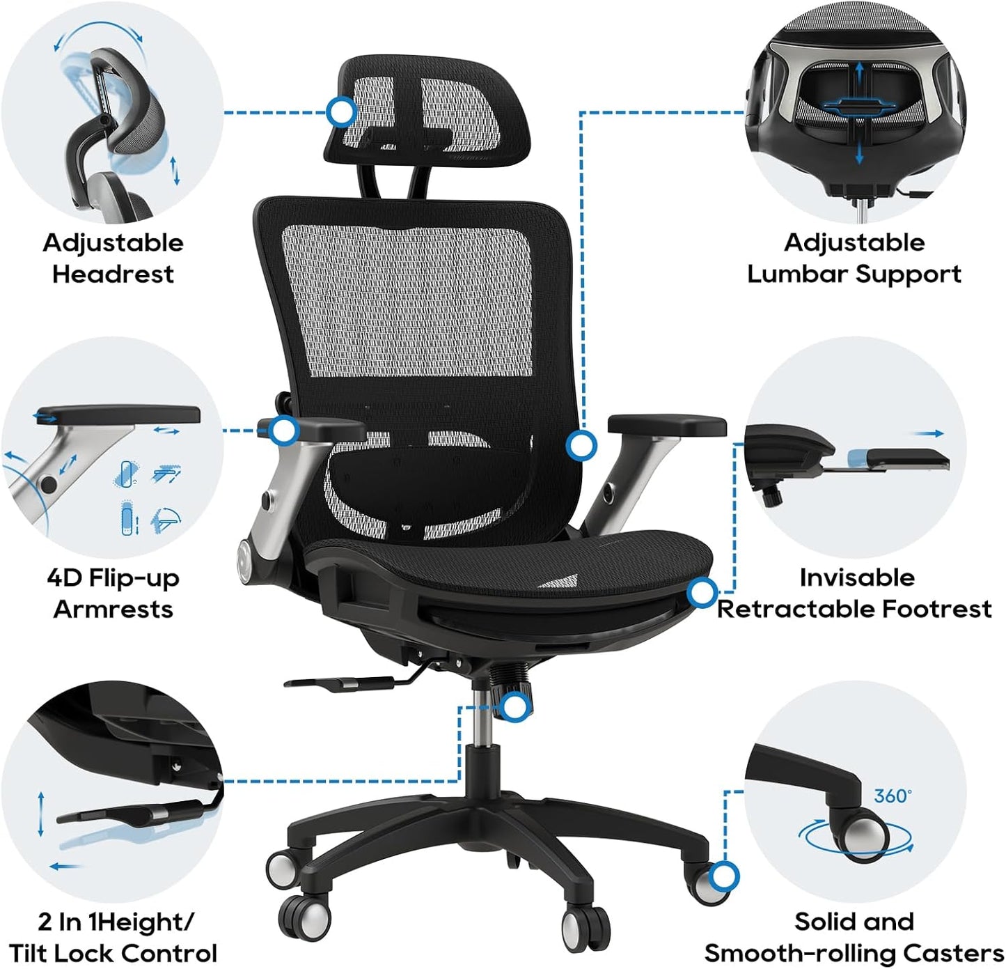 COLAMY Ergonomic Office Chair with Footrest, High Back Mesh Desk Chair with Adjustable Lumbar Support, 3D Armrests, Headrest, Recline Function, Rolling Swivel Task Chair for Home Office (Graphite)