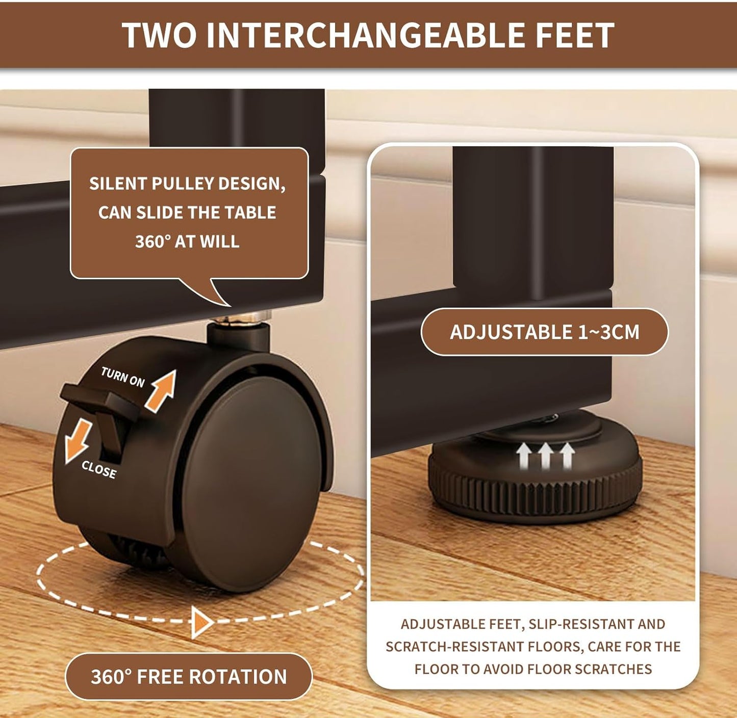 Mobile Foldable Desk w/ 6 Wheels,Portable Rolling Small Computer Desk w/Storage Shelves, Folding desks for Small Spaces, Computer Table for Home Office Bedroom Living Room-Brown