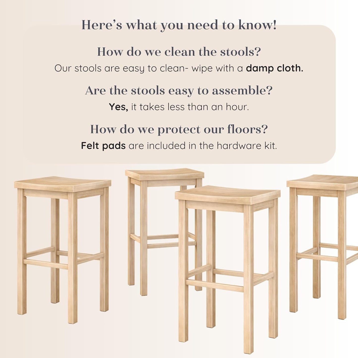 Grain & Grove Smith Collection Set of 4 Solid Wood Bar Stools, 30 inch Saddle-Seat Bar Chairs, Backless, Heavy-Duty Construction, Footrest Support, for Kitchen Islands, Home Bars, and Counters, Blonde