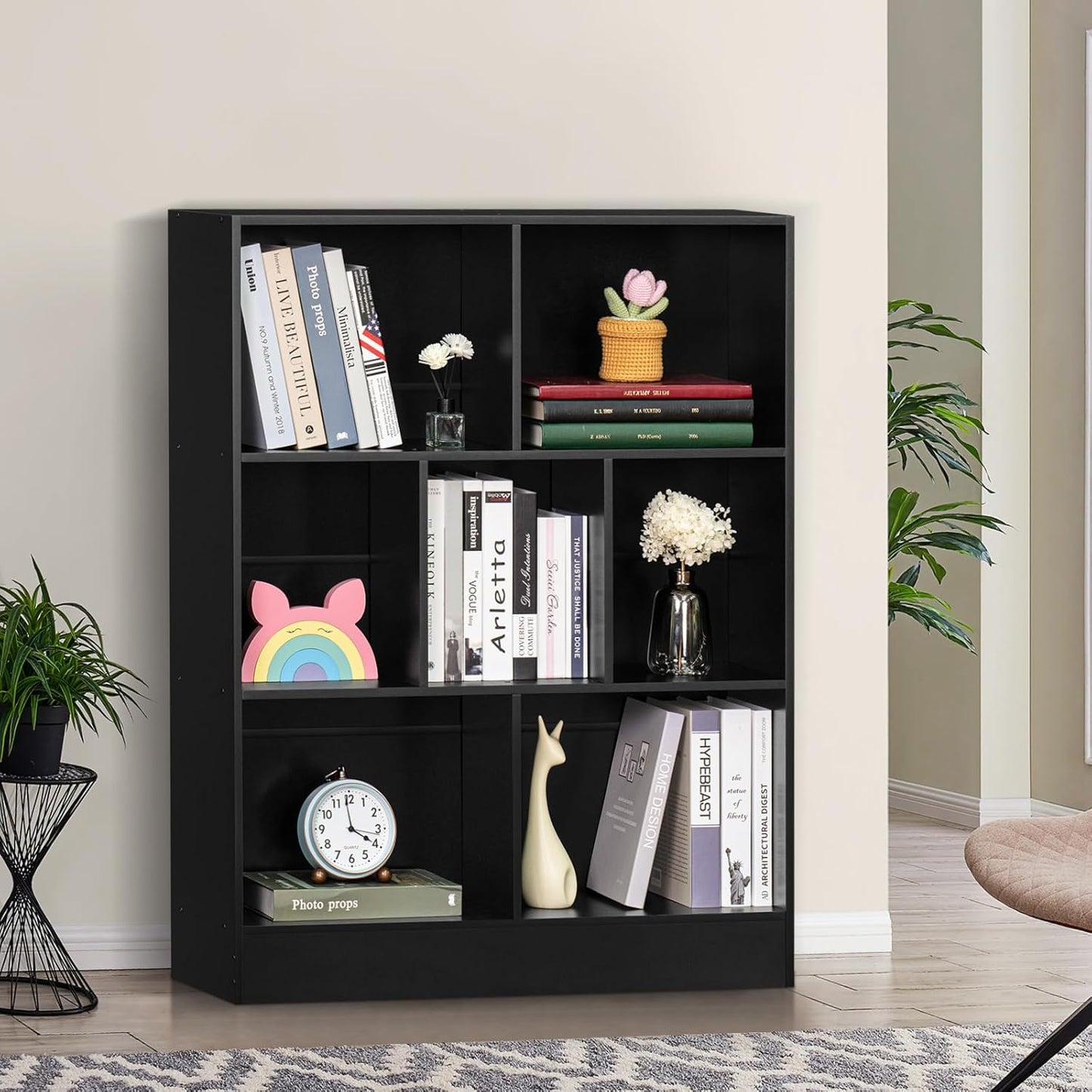 YAHARBO Black 7 Cube Bookshelf,3 Tier Modern Horizontal Bookcase,Wooden Low Book Shelf Display Storage Cabinet with Base,Floor Standing Short Bookshelves Open Organizer for Bedroom,Living Room,Office